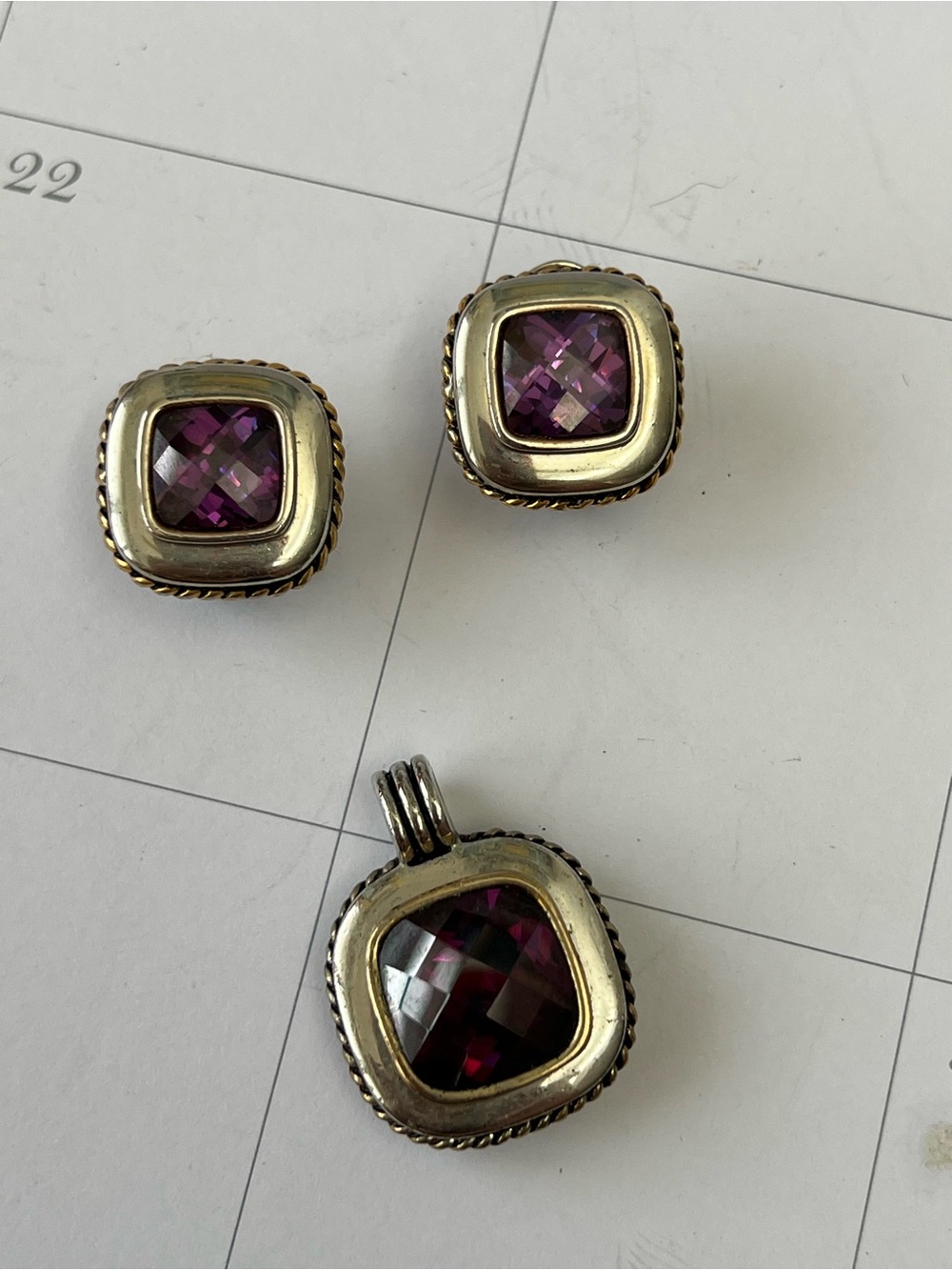 Vintage 90’s Purple Stone Square Pendant and Earrings Set - Women Jewelry